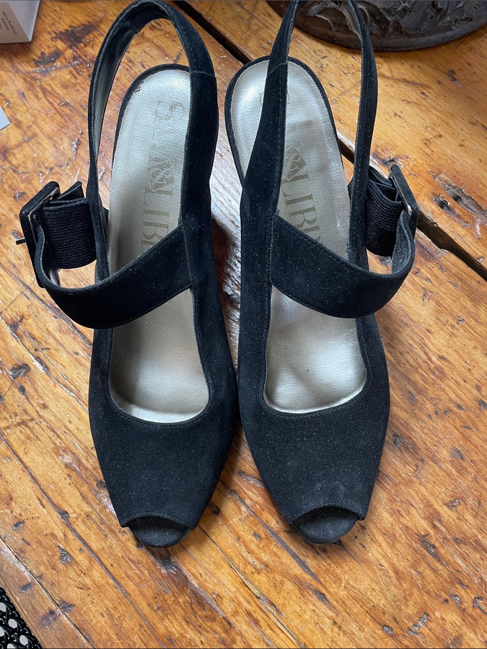 Sam & Libby Black Suede Peep-Toe Slingback Heels size 7.5